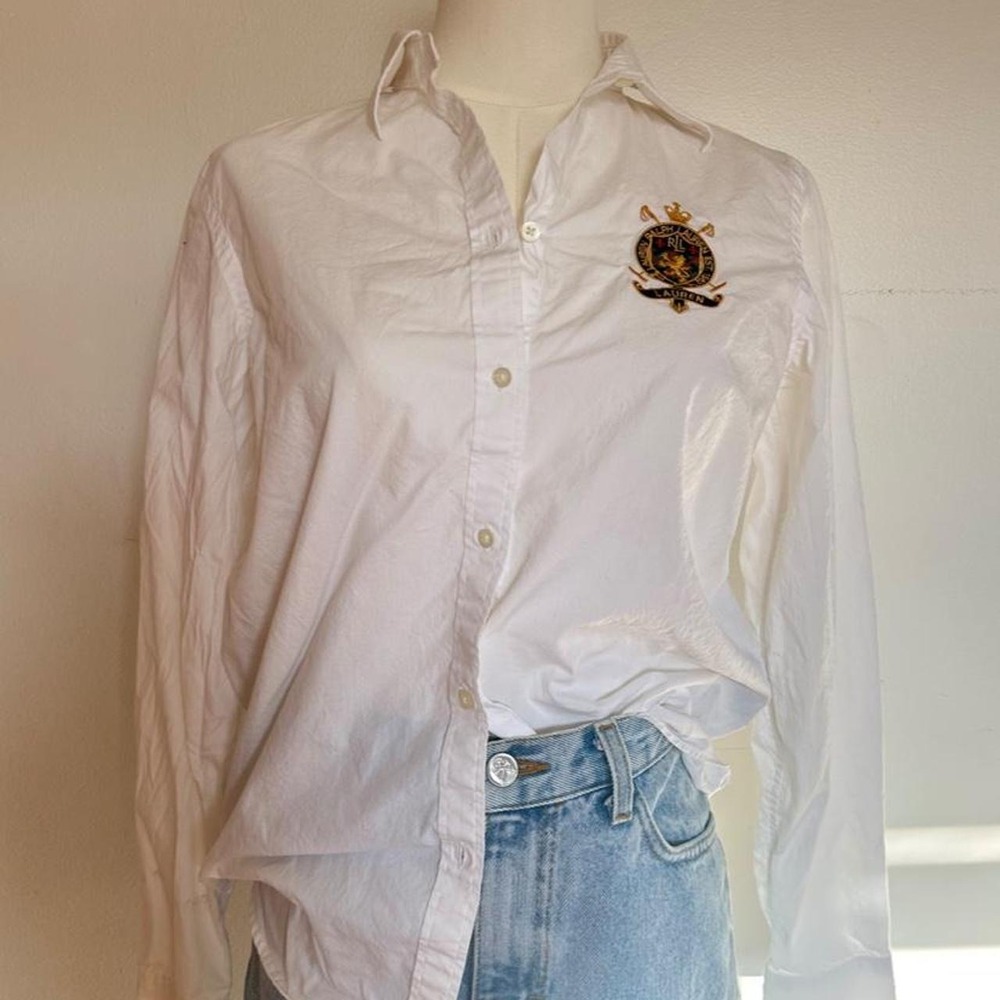 Vintage Lauren Ralph Lauren White Crest Button Down Shirt Preppy Academia Size S - Picture 3 of 7